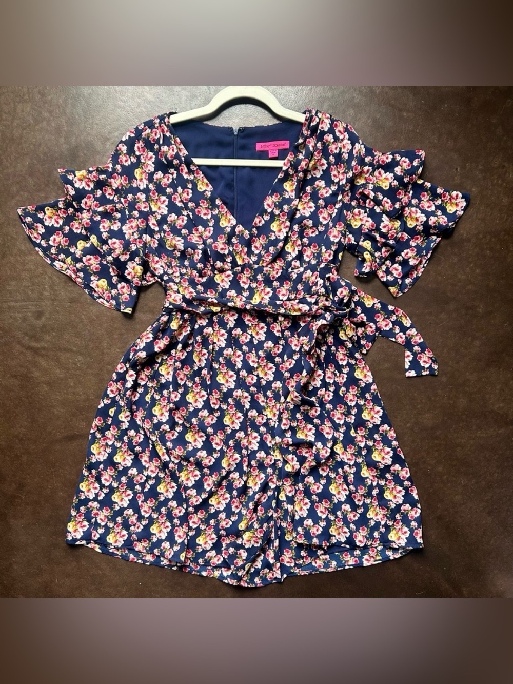 Betsey Johnson- size 6 romper with pink and butter yellow roses